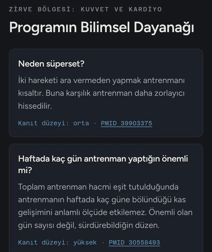 Programın Bilimsel Dayanağı ekranı: kanıt kartları ve PMID kaynak satırları